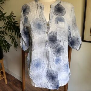 Italian Women's Blue Short Sleeve Blouse 100% Cotton Sevenstyle One Size 20" PTP